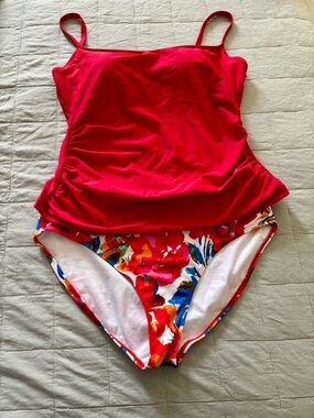 Bright Red Tankini One-Piece with Floral Print Bottom